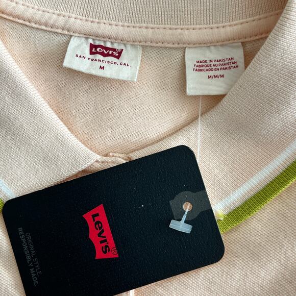 Levi's Short Sleeve Collared Housemark Polo Shirt Mens M Beige w/ Green Trim NWT - Picture 3 of 6